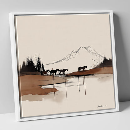 Mountain Pasture Silhouettes horse landscape canvas wall art in white frame