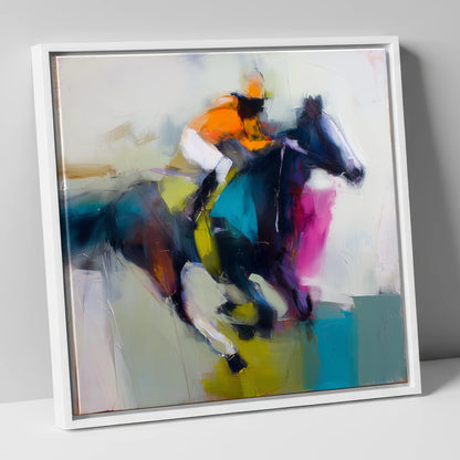 Burst of Speed racing horse canvas wall art in white frame