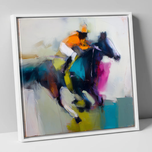 Burst of Speed racing horse canvas wall art in white frame