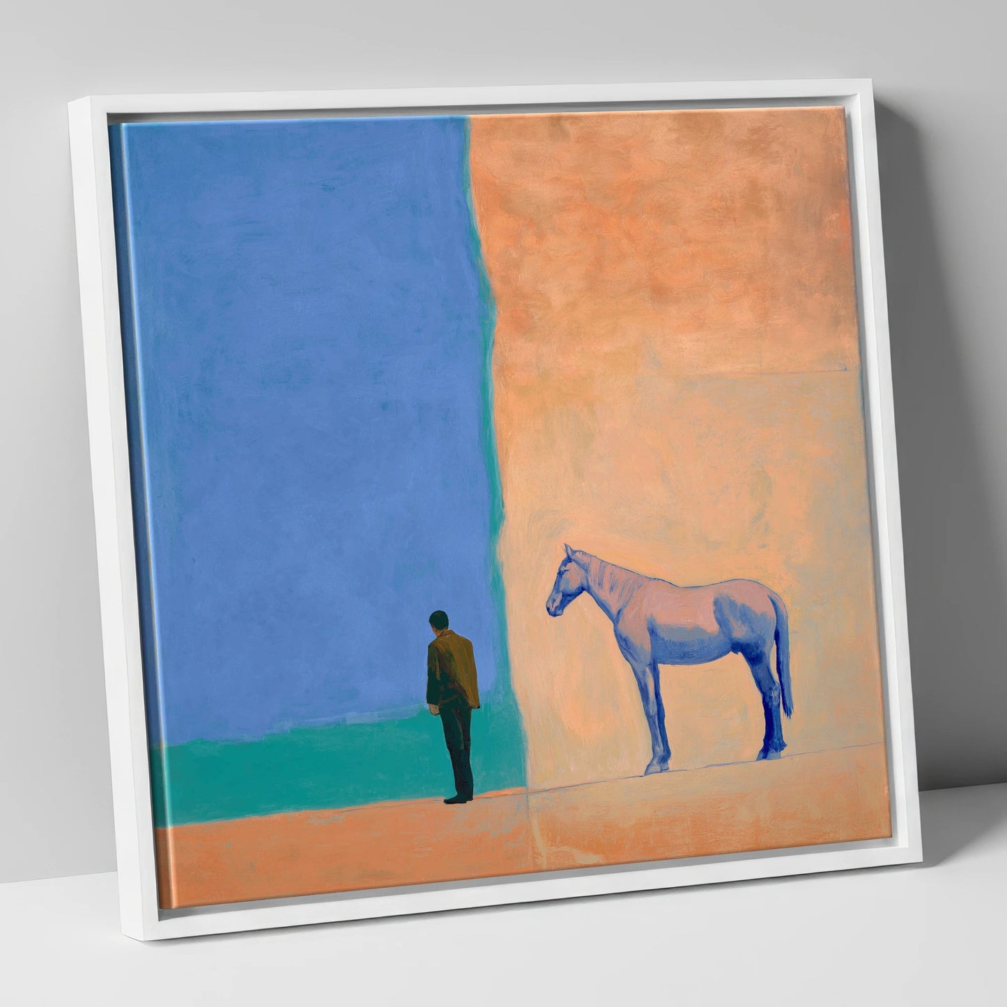 Between Blue and Sand horse & rider canvas wall art in white frame