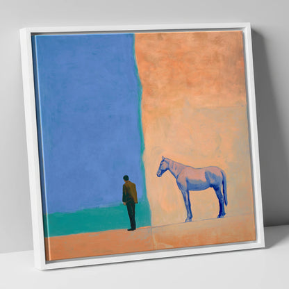 Between Blue and Sand horse & rider canvas wall art in white frame