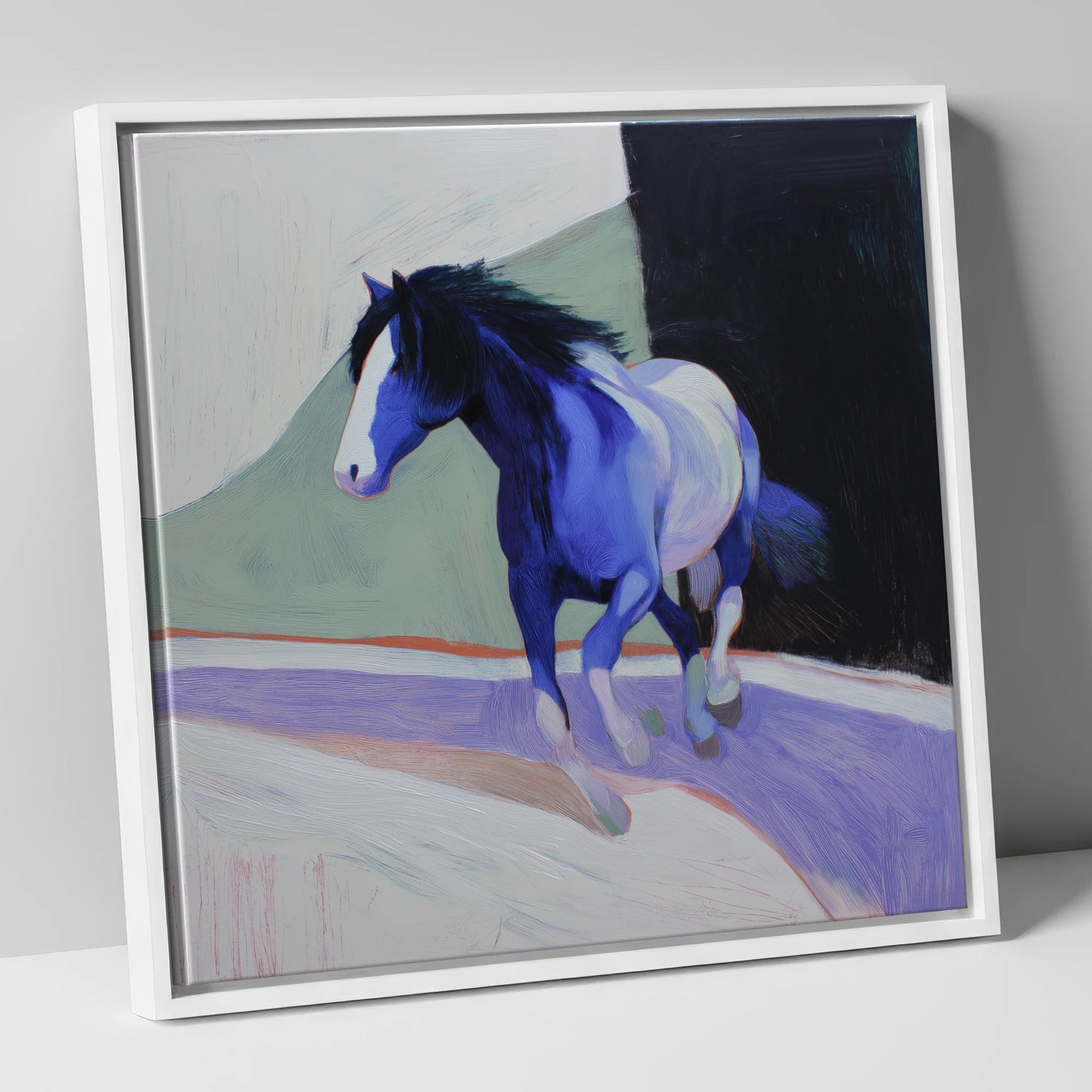 The Cobalt Stride horse portrait canvas wall art in white frame