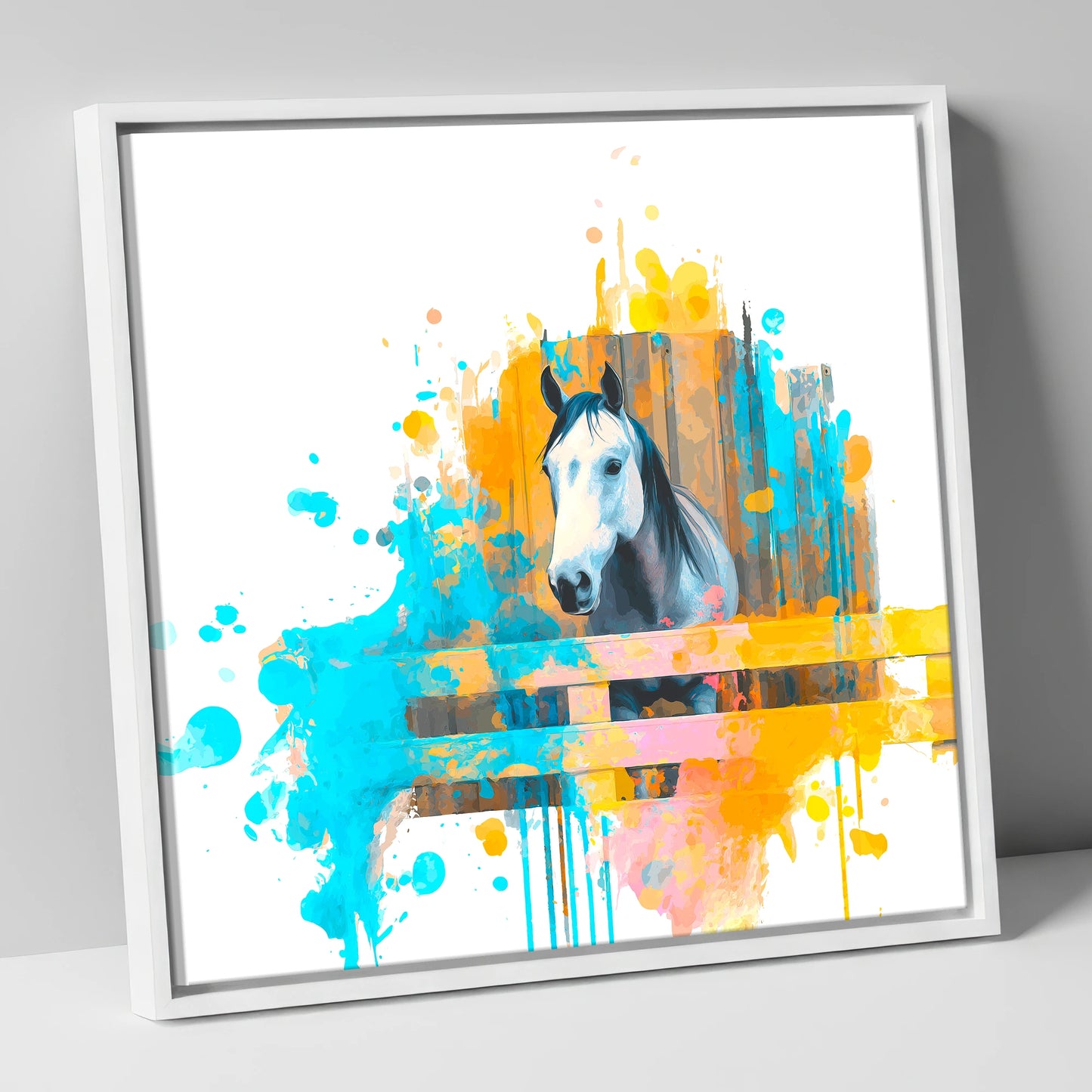 The Inquisitive Grey horse stable canvas wall art in white frame