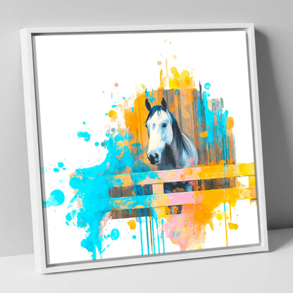 The Inquisitive Grey horse stable canvas wall art in white frame