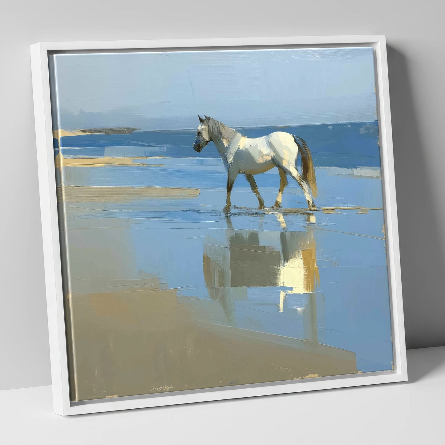 Shoreline Reflection horse landscape canvas wall art in white frame