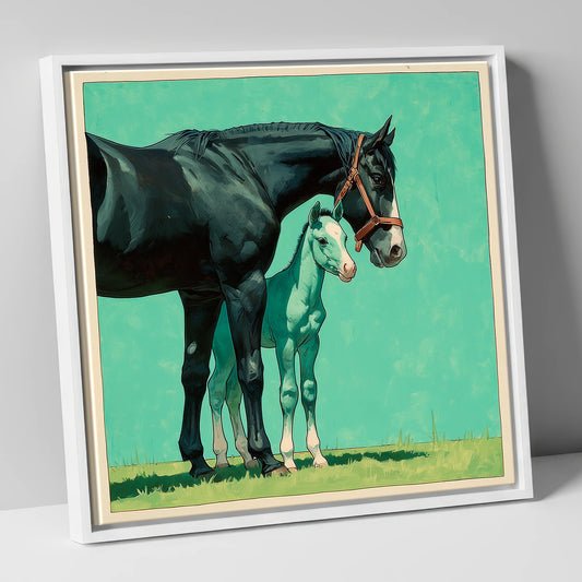 Bond in Vivid Teal mare & foal canvas wall art in white frame