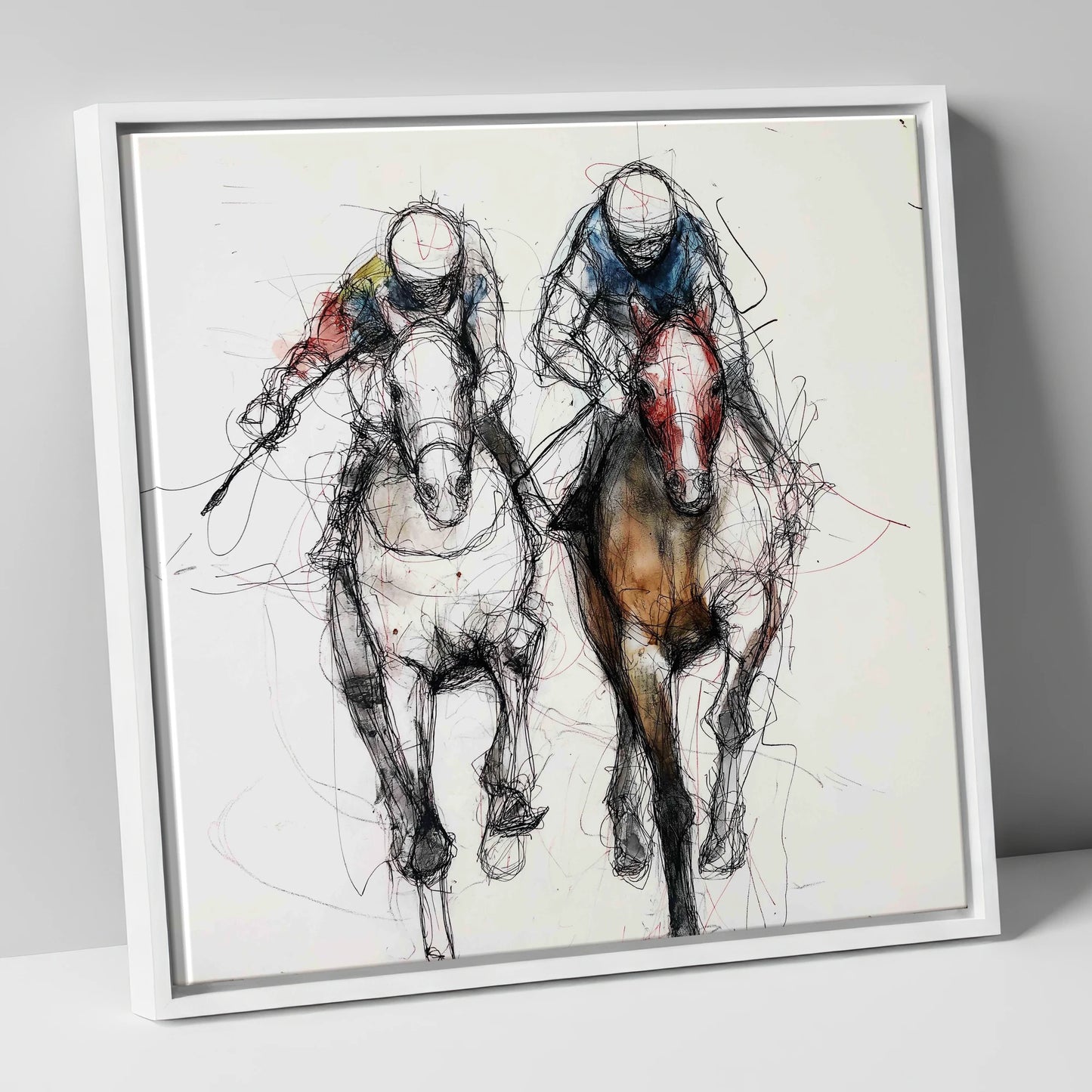 Neck and Neck racing horse canvas wall art in white frame