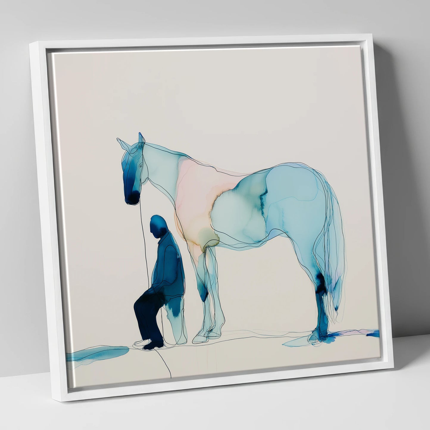 Fluid Companionship horse & rider canvas wall art in white frame