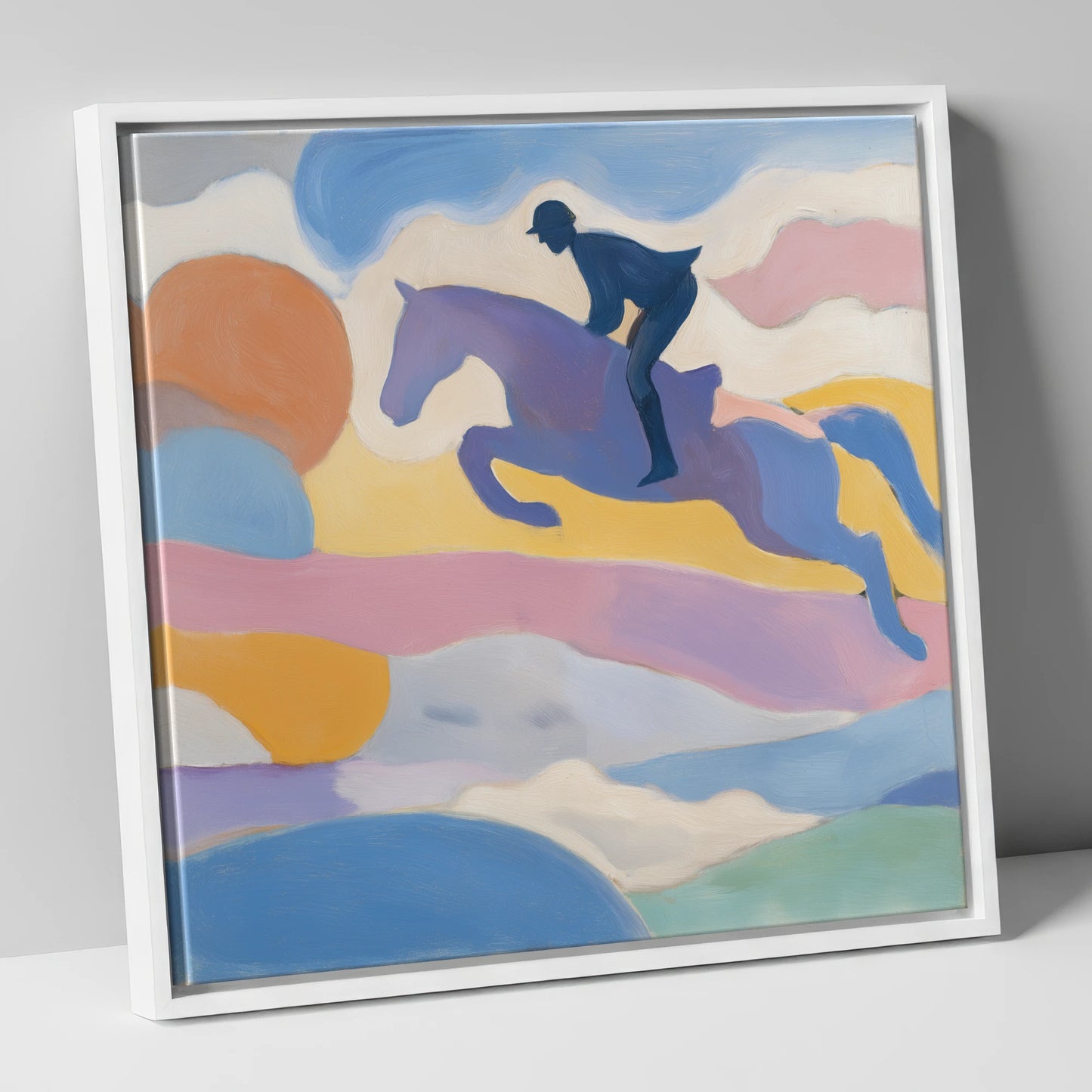 Pastel Flight show jumping horse canvas wall art in white frame