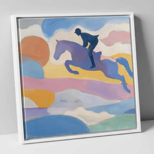 Pastel Flight show jumping horse canvas wall art in white frame