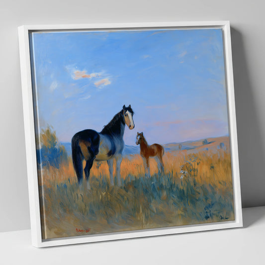 Luminous Pasture Bond mare & foal canvas wall art in white frame