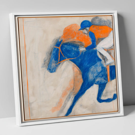Cobalt Surge racing horse canvas wall art in white frame