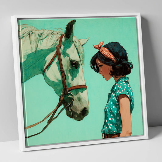 The Quiet Exchange horse & rider canvas wall art in white frame