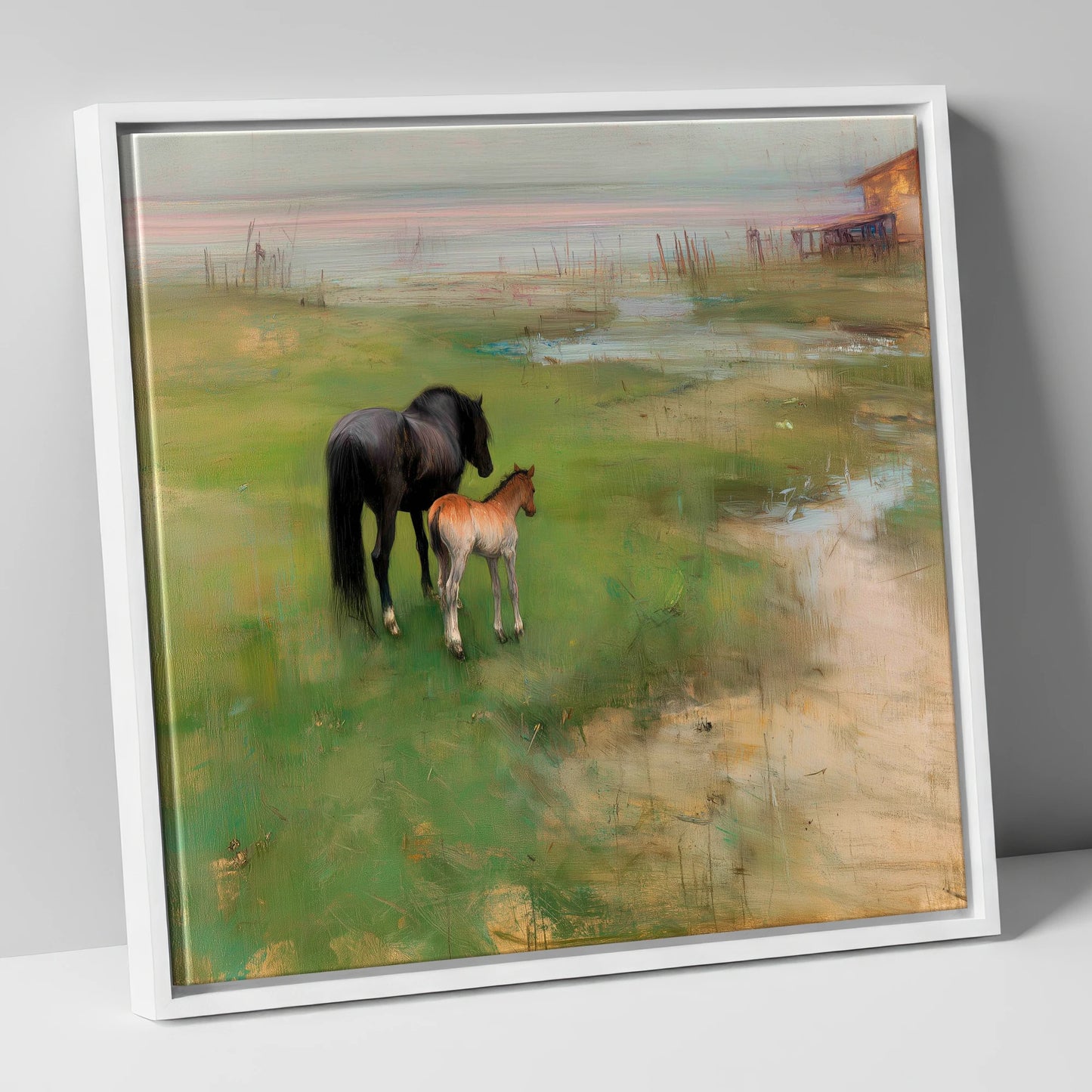Morning on the Marsh mare & foal canvas wall art in white frame