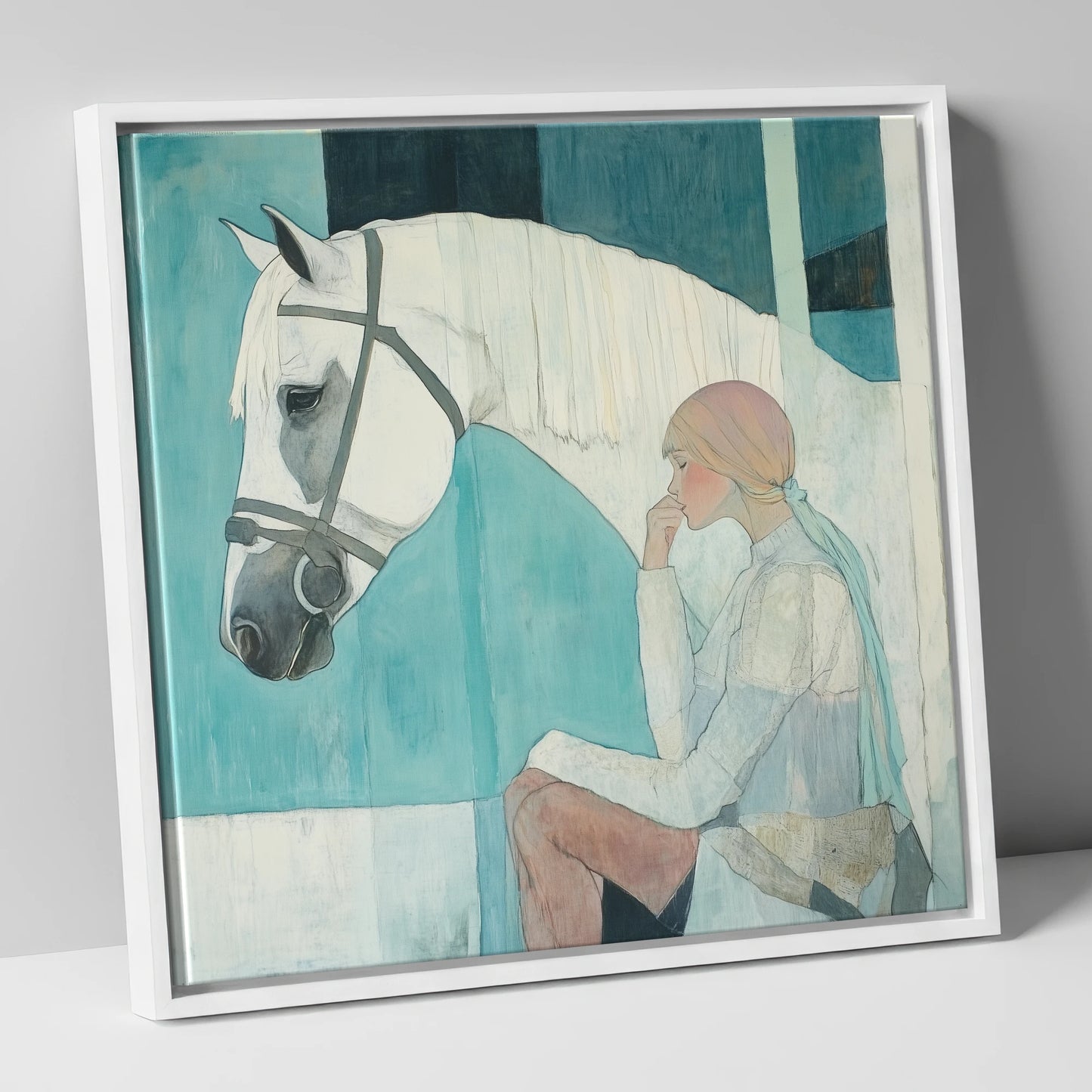 Quiet Contemplation horse & rider canvas wall art in white frame