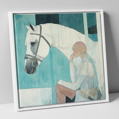 Quiet Contemplation horse & rider canvas wall art in white frame