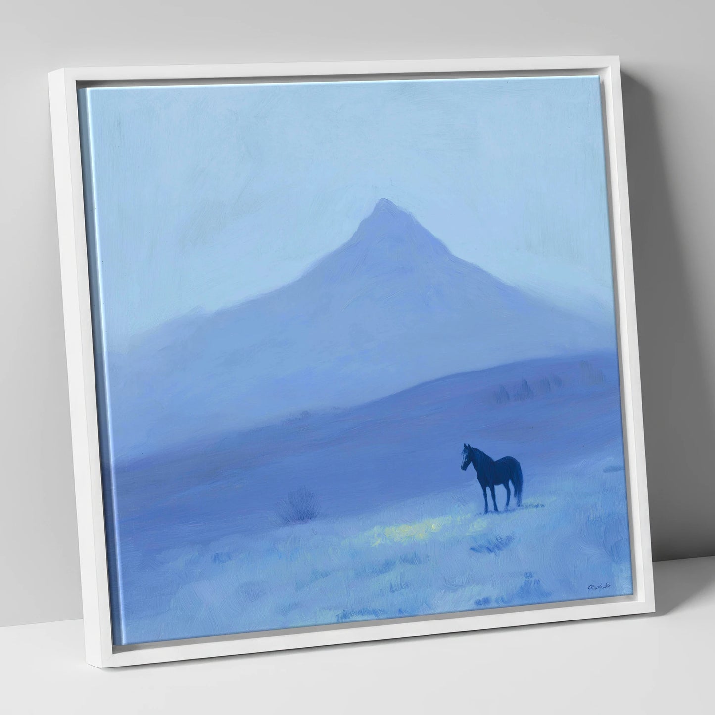 Azure Mountain Solitude horse landscape canvas wall art in white frame