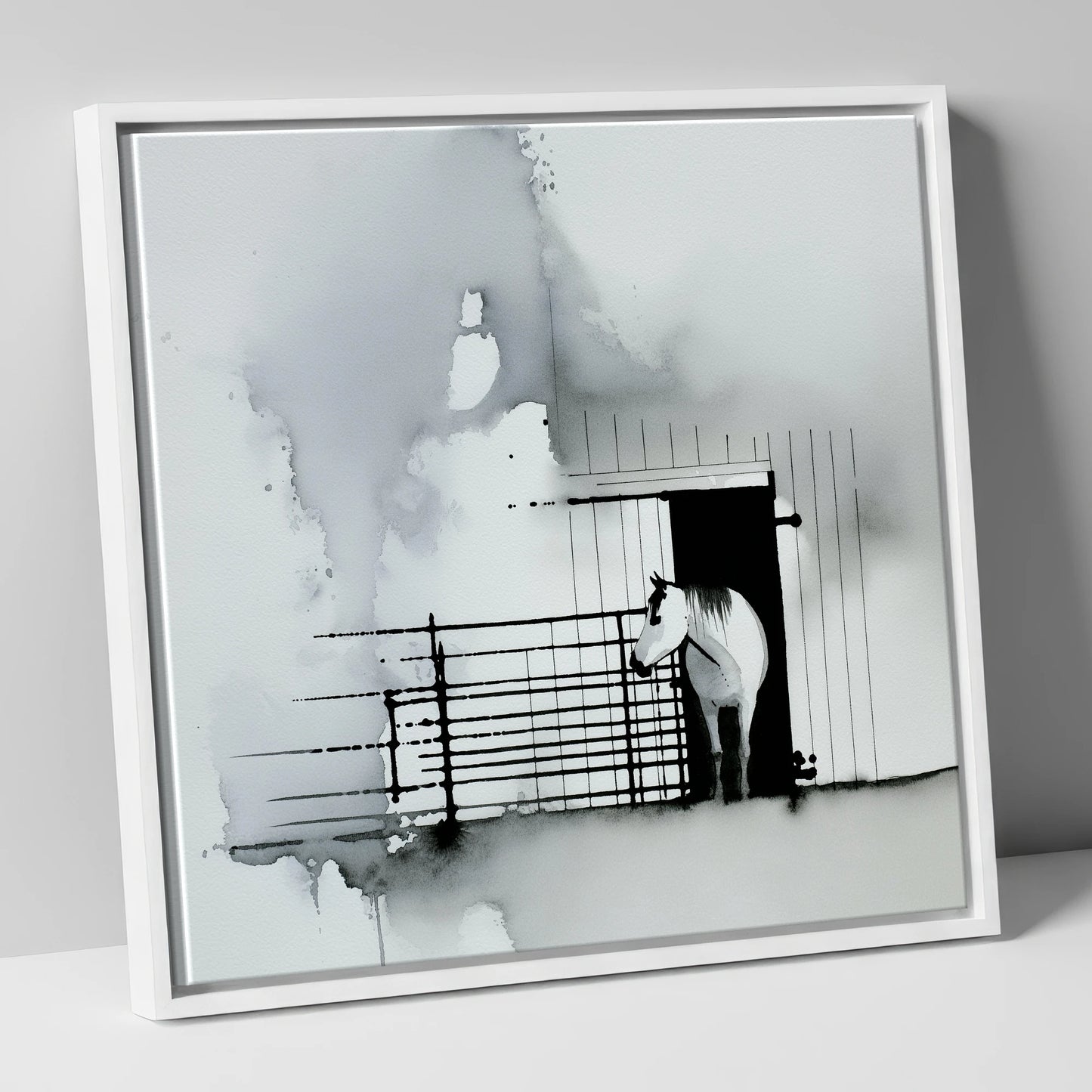Dawn at the Stable horse stable canvas wall art in white frame