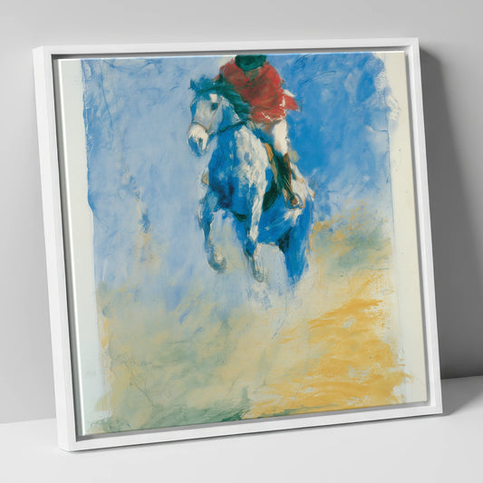 Cerulean Flight show jumping horse canvas wall art in white frame