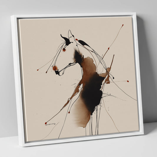 Abstract Sepia Ink Horse Profile horse portrait canvas wall art in white frame