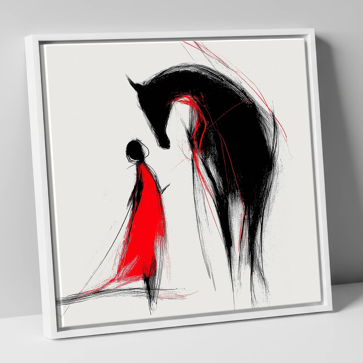 Crimson Bond horse & rider canvas wall art in white frame