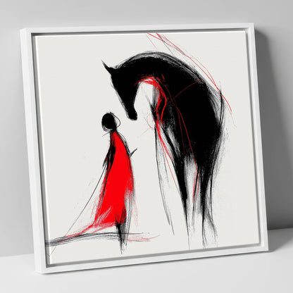 Crimson Bond horse & rider canvas wall art in white frame