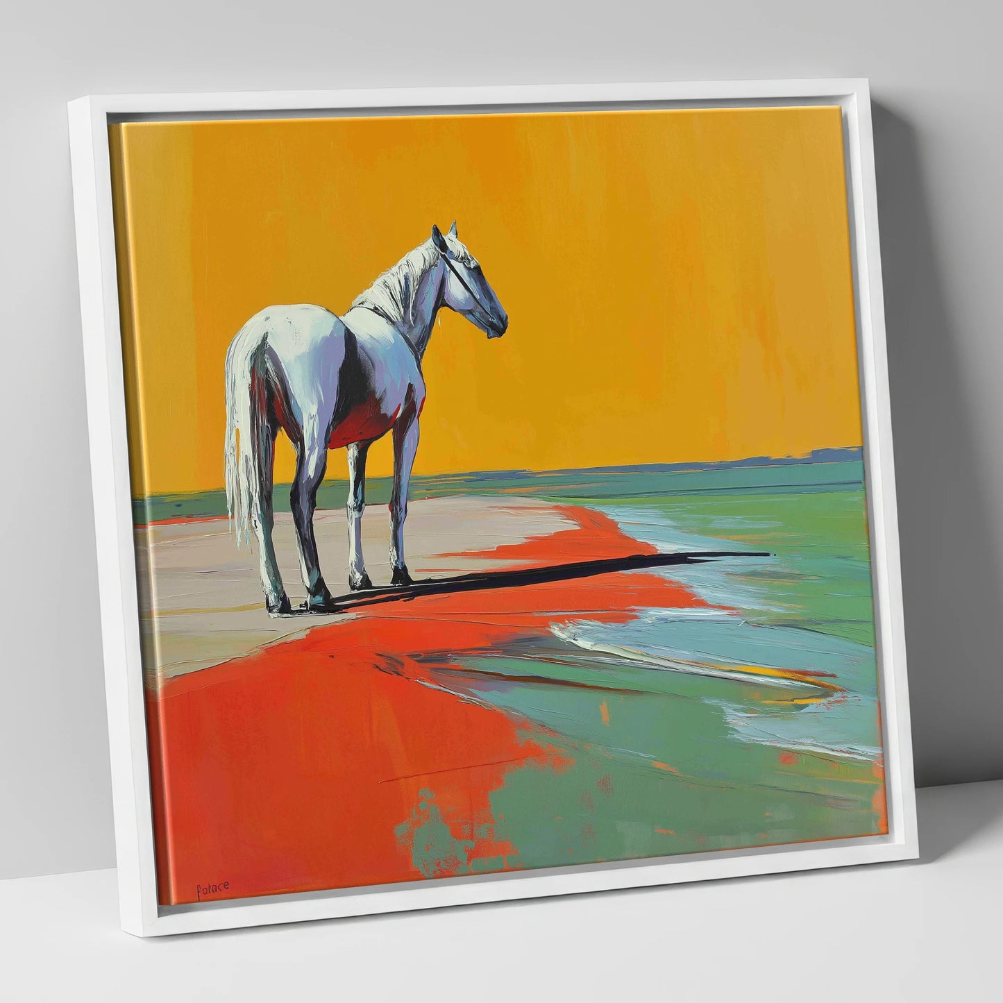 Amber Horizon horse landscape canvas wall art in white frame