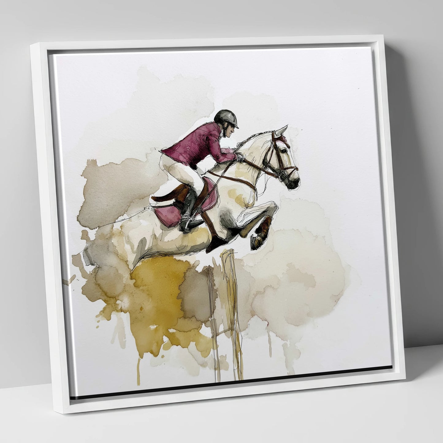 Suspended Elegance show jumping horse canvas wall art in white frame