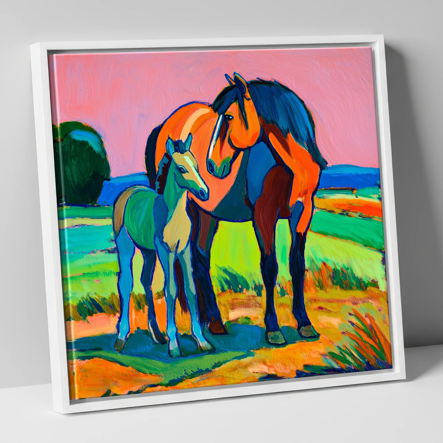 Vivid Bonds mare & foal canvas wall art in white frame