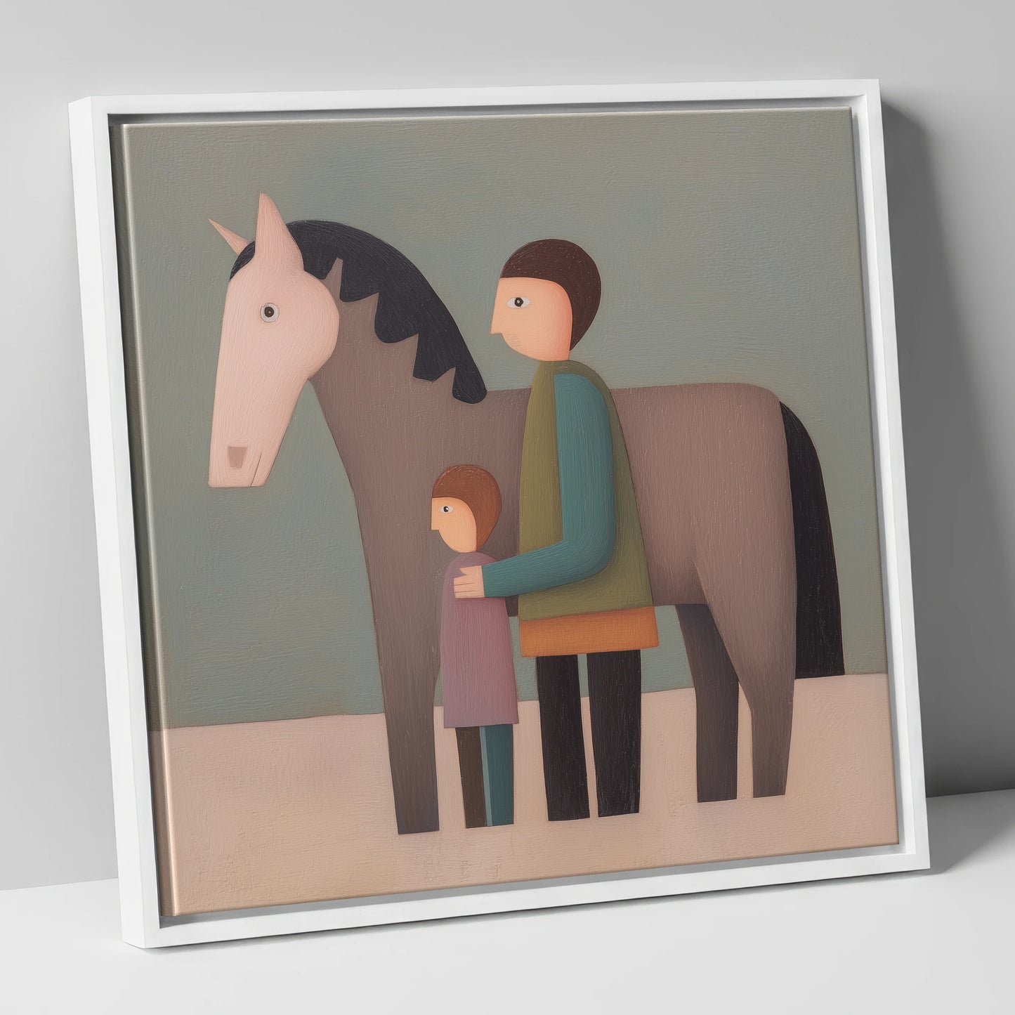 Standing Together horse & rider canvas wall art in white frame