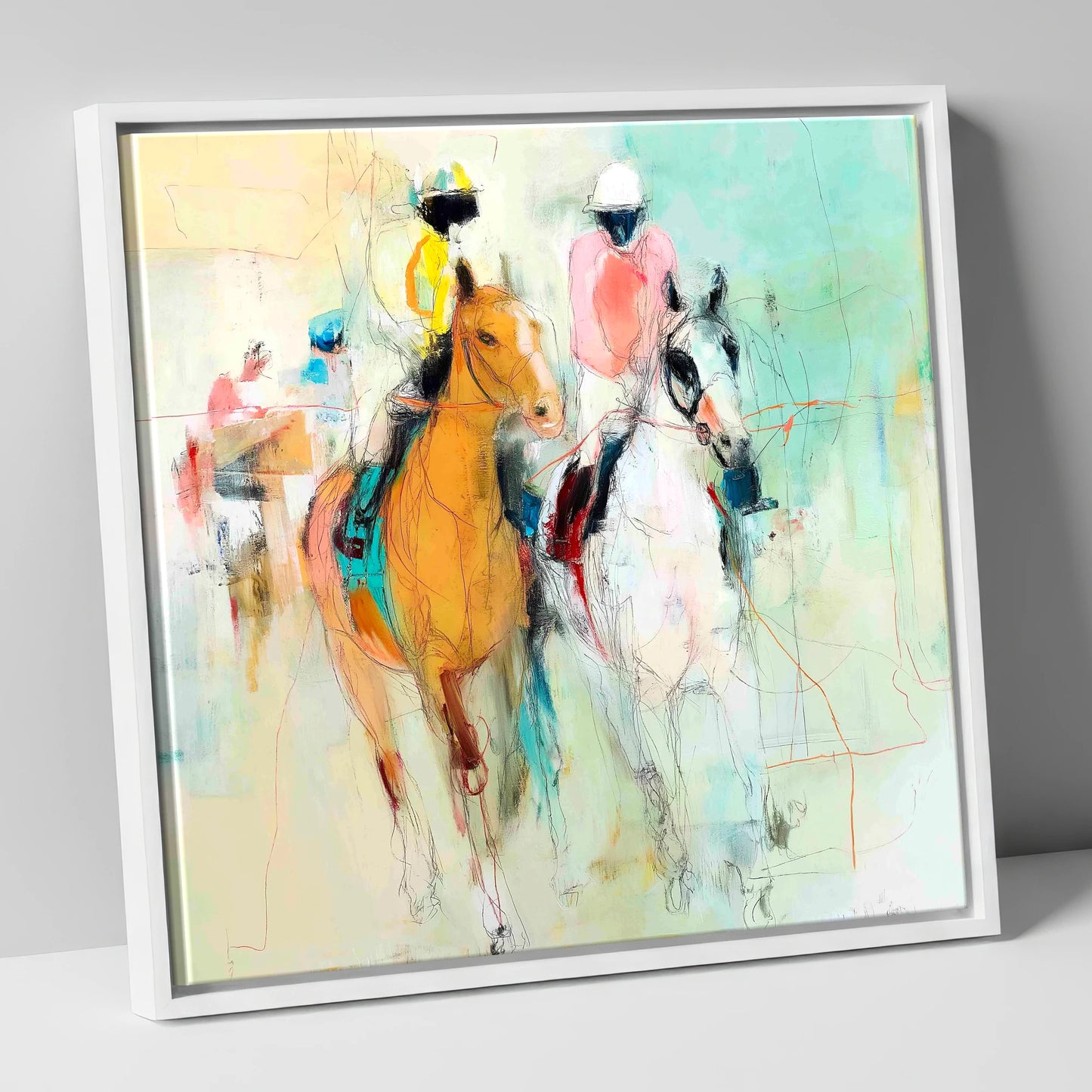 Echoes of the Turf racing horse canvas wall art in white frame
