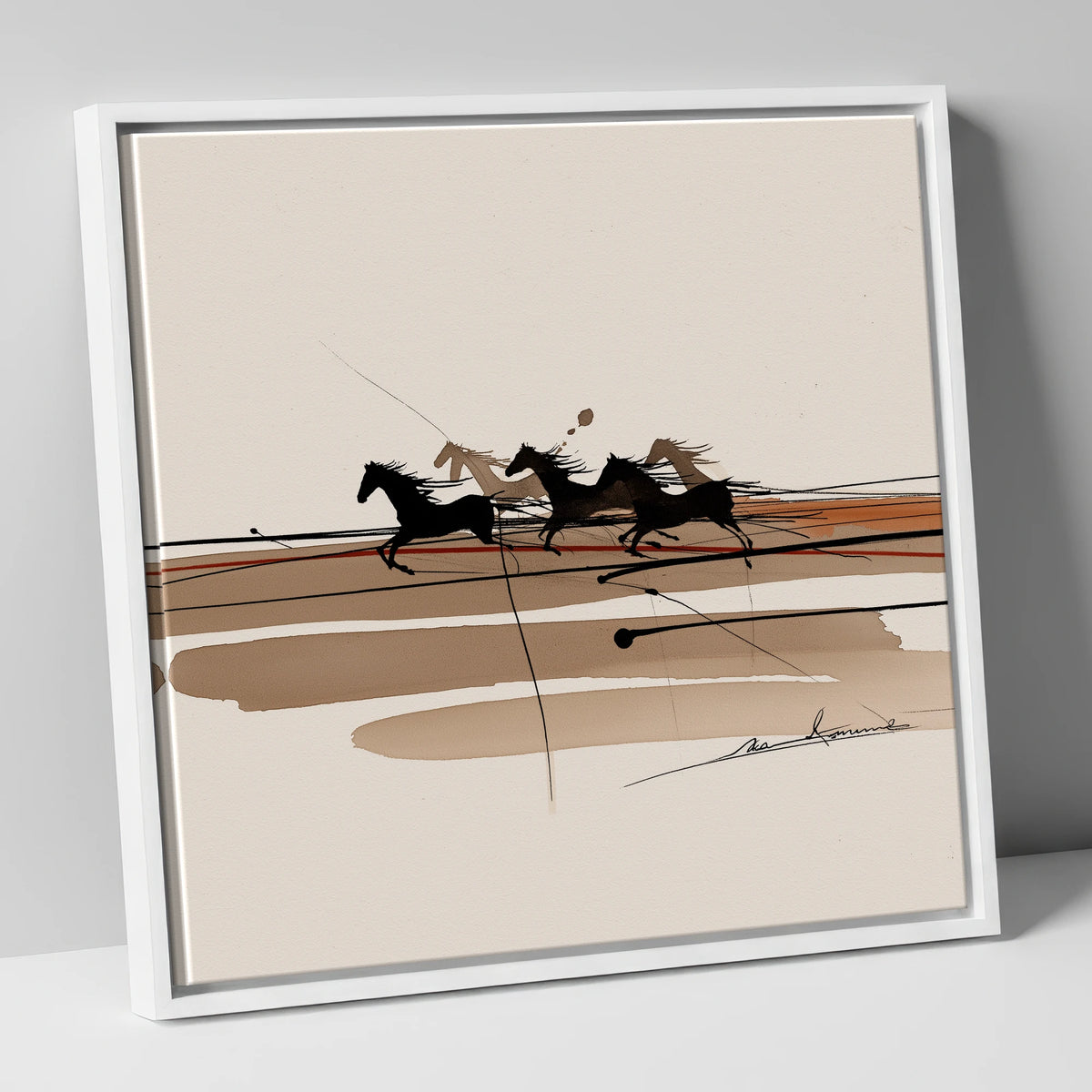 Thundering Shadows wild horses canvas wall art in white frame