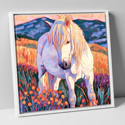 White Horse Among Orange Wildflowers horse breed canvas wall art in white frame