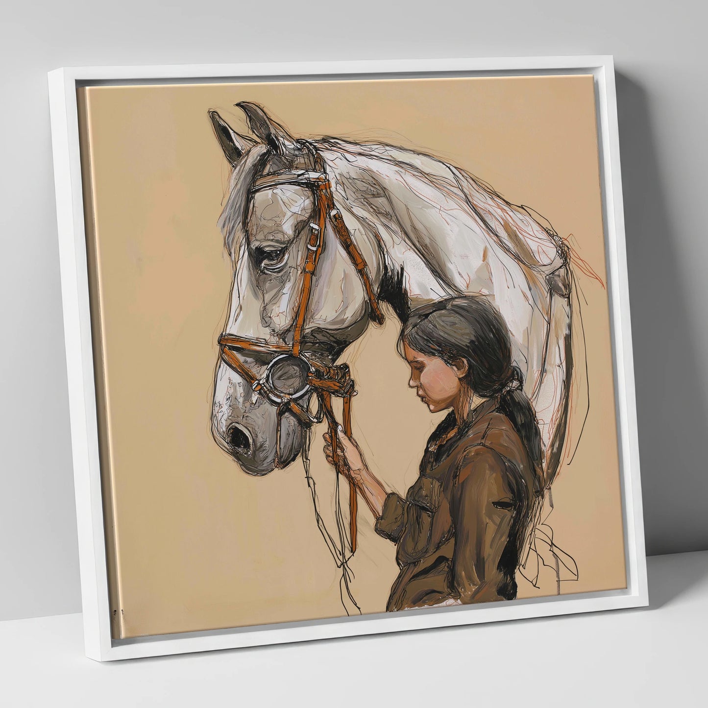 Quiet Connection horse & rider canvas wall art in white frame