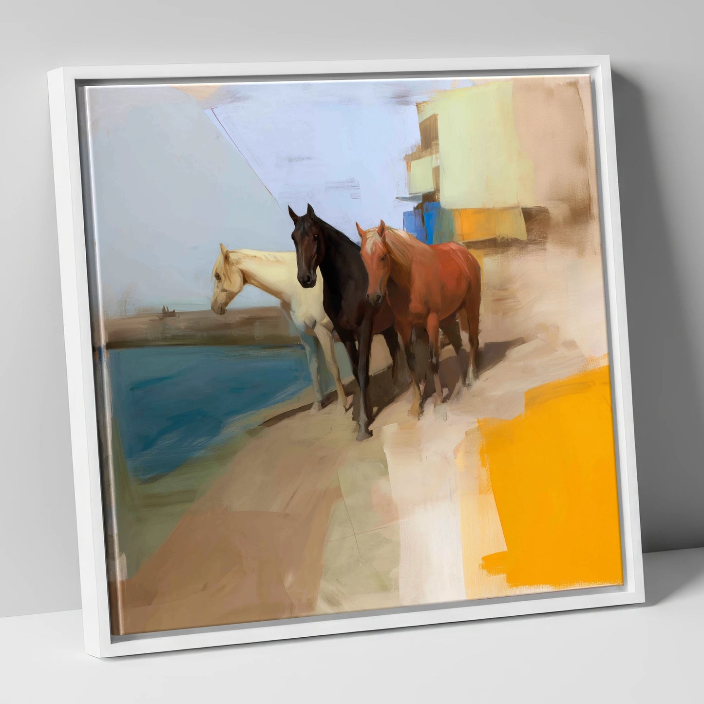 The Waterfront Trio horse landscape canvas wall art in white frame