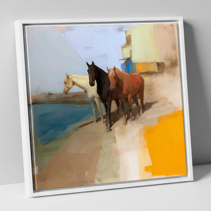 The Waterfront Trio horse landscape canvas wall art in white frame