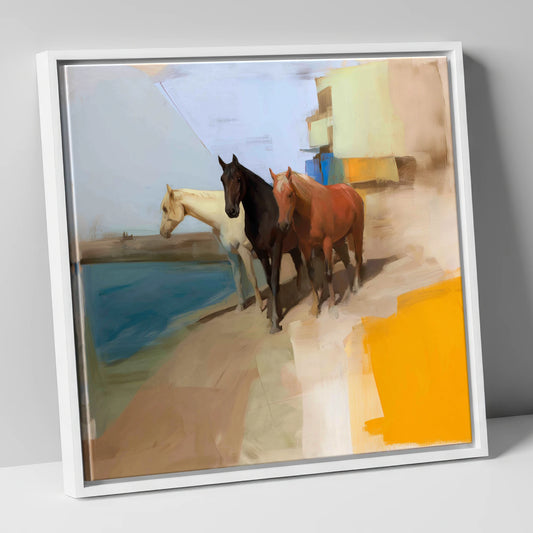 The Waterfront Trio horse landscape canvas wall art in white frame