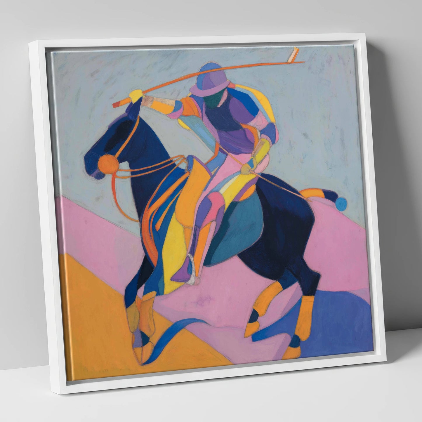 Vibrant Polo Strike polo horse canvas wall art in white frame