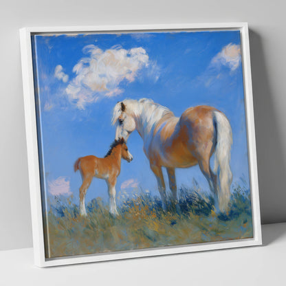 Golden Summer Bonding mare & foal canvas wall art in white frame