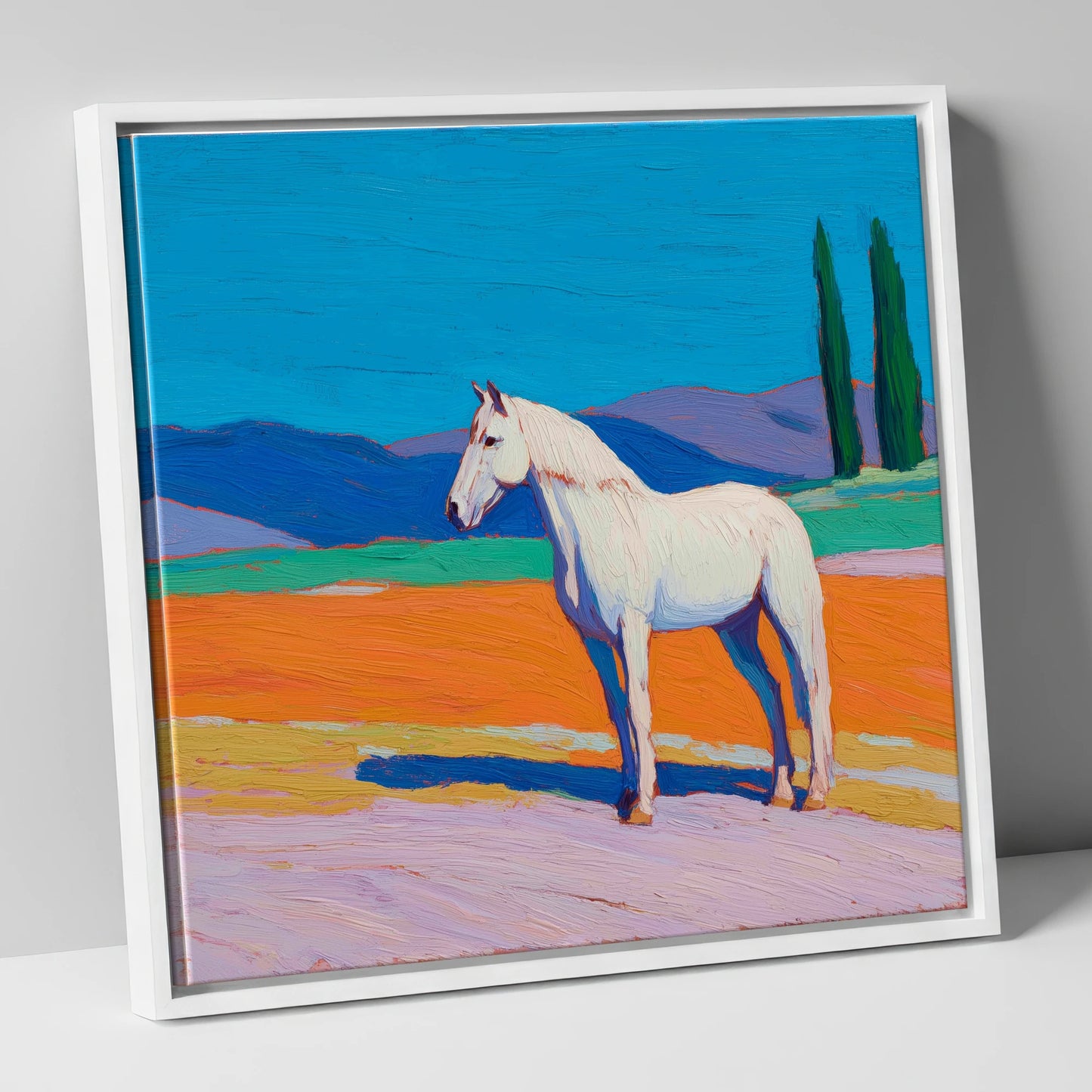 Radiant White Equine horse breed canvas wall art in white frame
