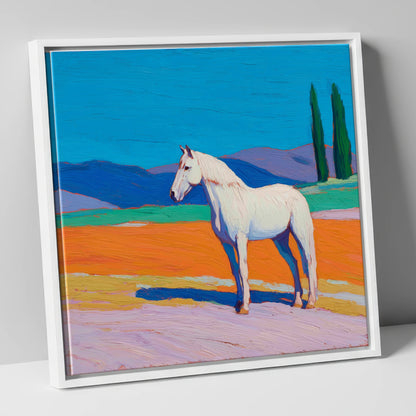 Radiant White Equine horse breed canvas wall art in white frame