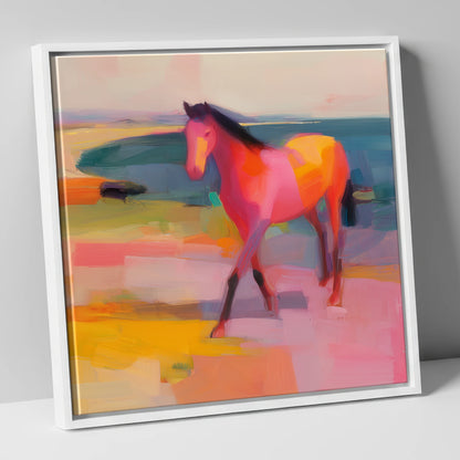 Vibrant Painted Stride horse landscape canvas wall art in white frame
