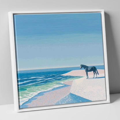 Coastal Solitude horse landscape canvas wall art in white frame