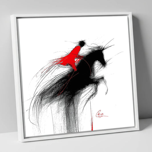 Crimson Flight show jumping horse canvas wall art in white frame