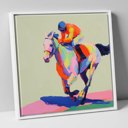 Technicolour Sprint racing horse canvas wall art in white frame