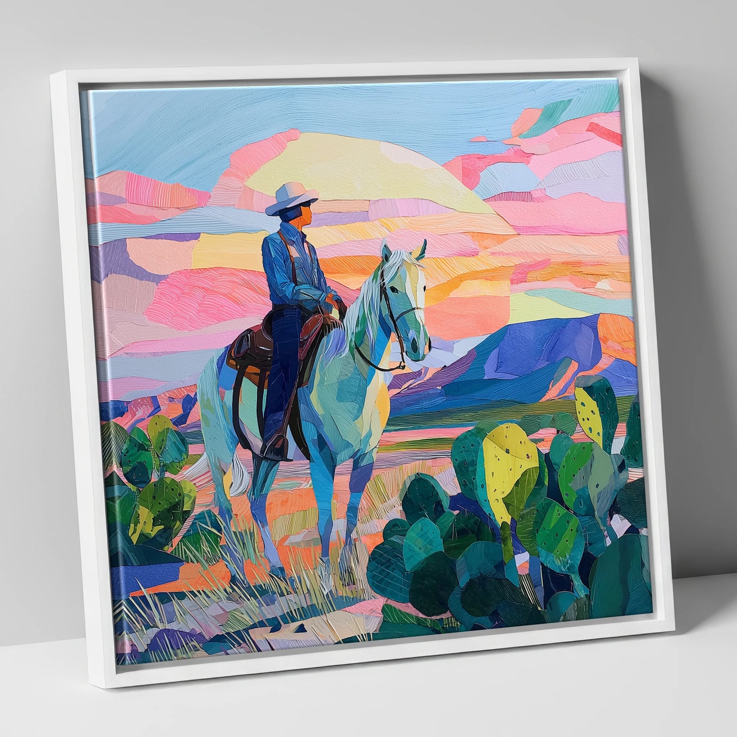 Painted Desert Rider western horse canvas wall art in white frame