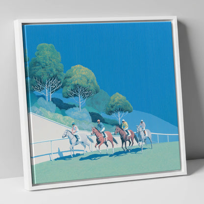 The Cerulean Sprint racing horse canvas wall art in white frame