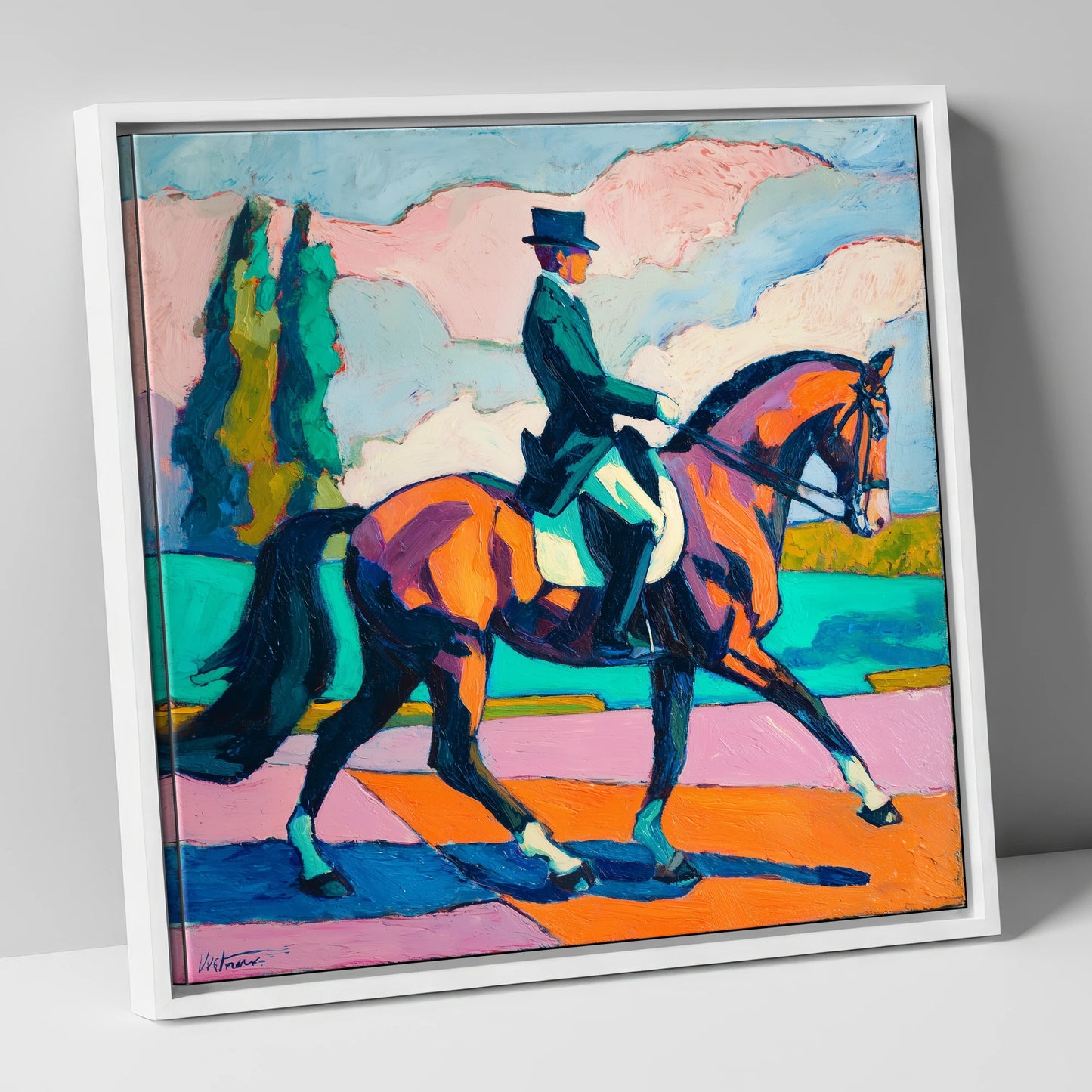 Vibrant Dressage Rhythm dressage horse canvas wall art in white frame