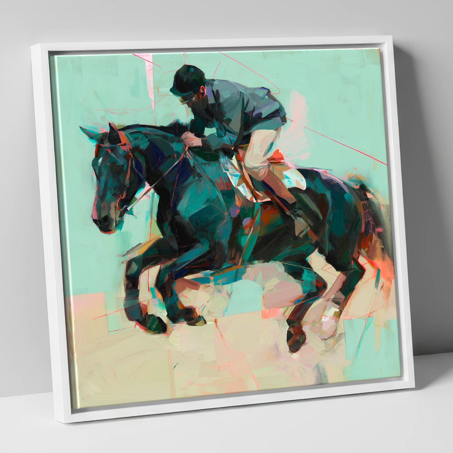 Modern Showjumper show jumping horse canvas wall art in white frame