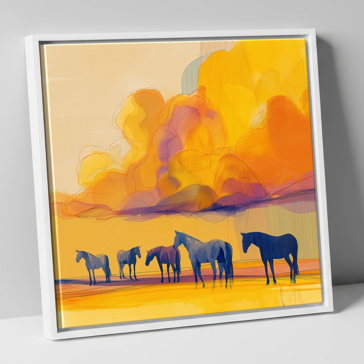 Vibrant Horizon Herd horse landscape canvas wall art in white frame